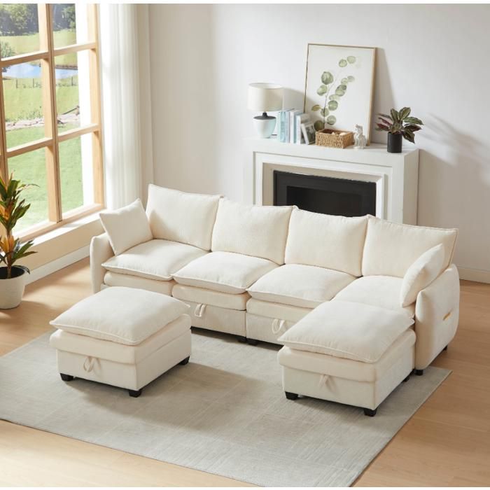 Canapé dangle en U avec espace de rangement 281 x 147 x 89 cm Canapé modulable 6 places avec deux poufs et coussins Chenille Beige
