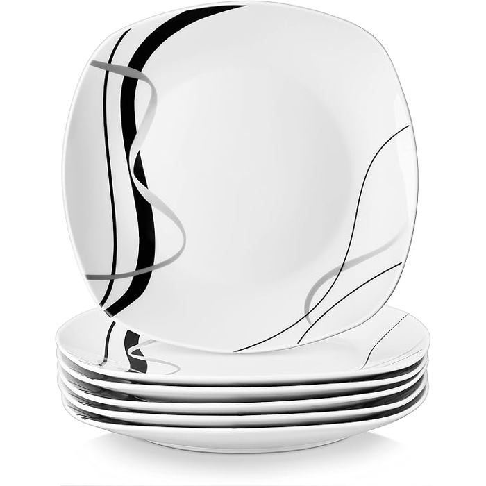 Série FIONA 6 Pièces Assiettes Plates en Porcelaine Service de Table 6 Noir et Blanc Motif Assiette Plate (6x)-24 7 cm ASSIETTE