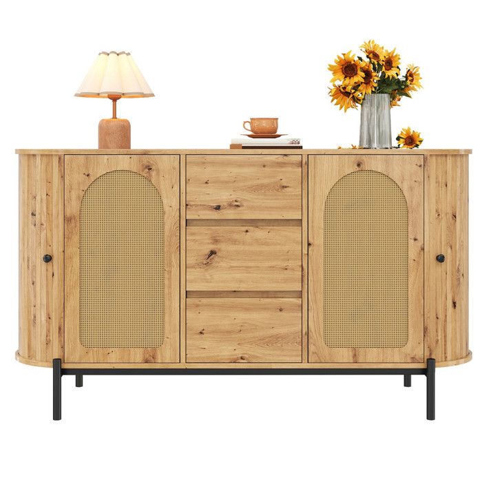 Buffet ovale en rotin portes coulissantes + tiroirs compartiments réglables aspect bois armoire de rangement multifonctionnelle