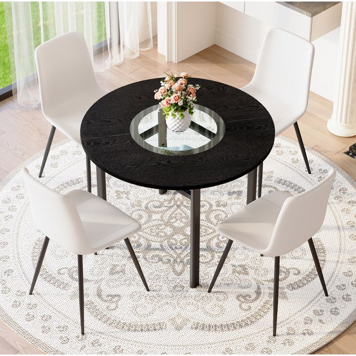 Ensemble de table à manger rond 4 personnes 1 table 100 cm et 4 chaises PU noir et blanc
