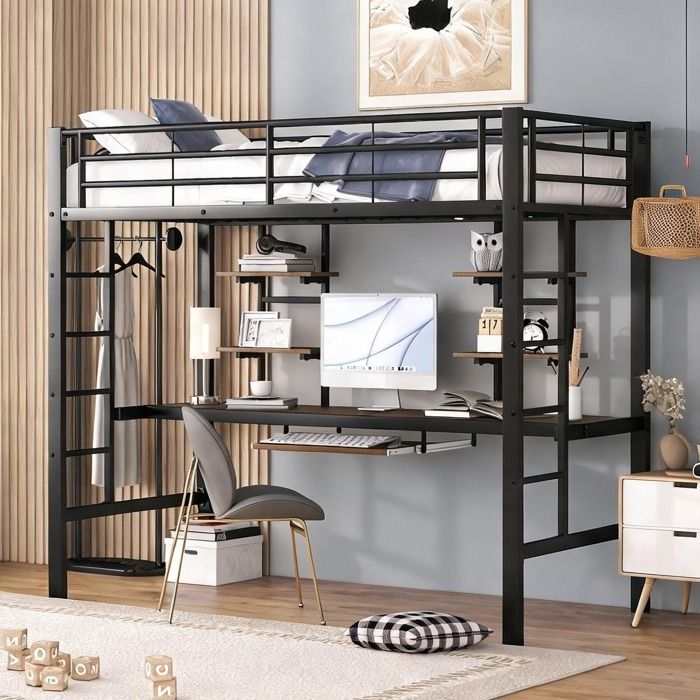 Lit mezzanine enfant et adulte avec bureau et 2 étagères en métal noir 90x200 cm hauteur 180 cm