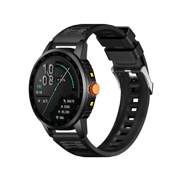 Montre connectée - Écran rond - Modèle sport - Double lampe torche - Podomètre - Noire