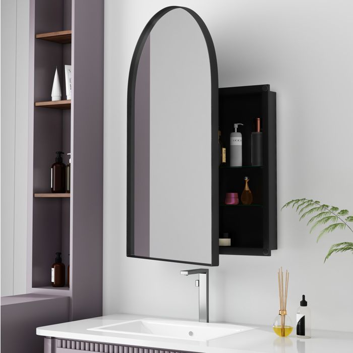 Armoire miroir archée noire en métal murale ou encastrée avec étagères réglables pour salle de bain