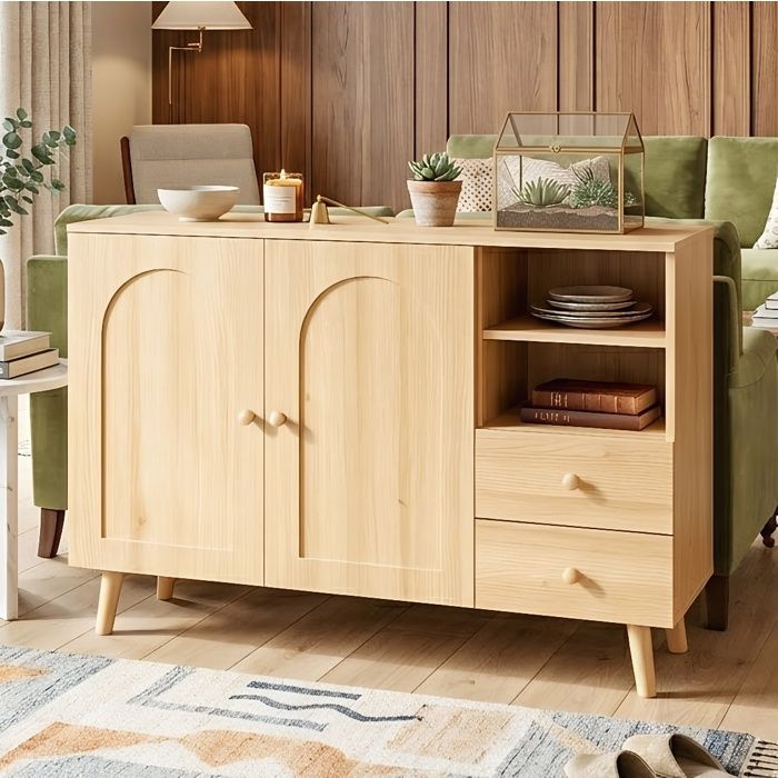 Buffet Bas Enfilade 118cm Gain de Place avec 2 Portes 2 Tiroirs 2 Niches Design Soigné Style Nordique en Bois Grand Rangement