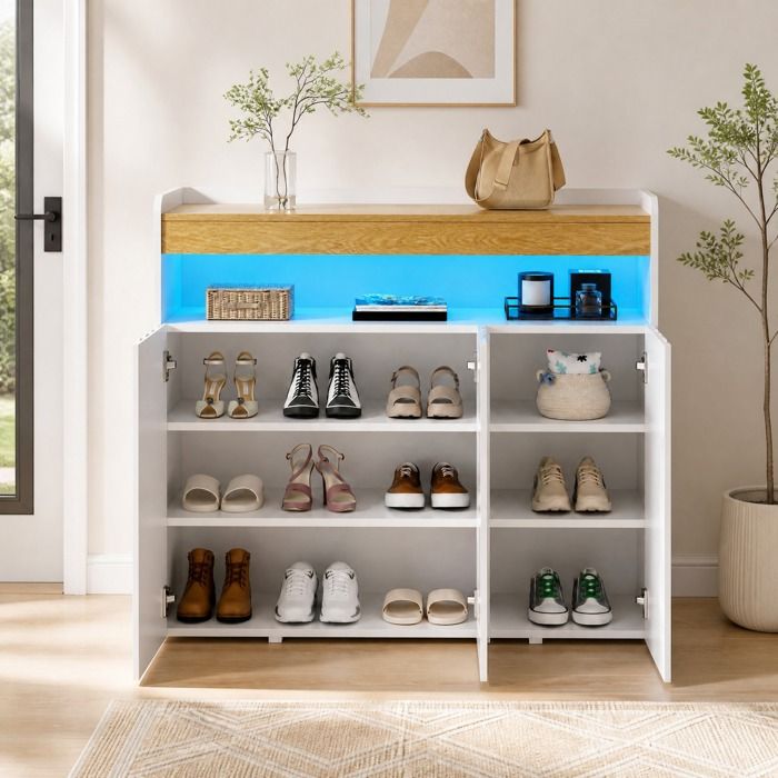 MEUBLIV Buffet bas LED 3 portes avec niche ouverte étagères réglables blanc et naturel 105 x 35 x 90 5 cm