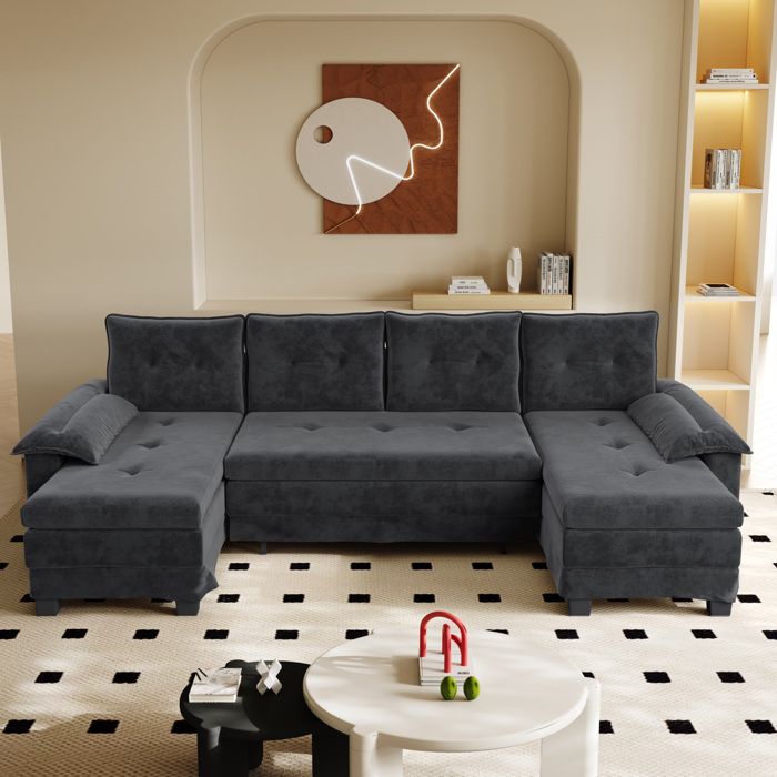 MEUBLIV Canapé-lit convertible en U 278 cm chenille grise port USB accoudoirs amovibles