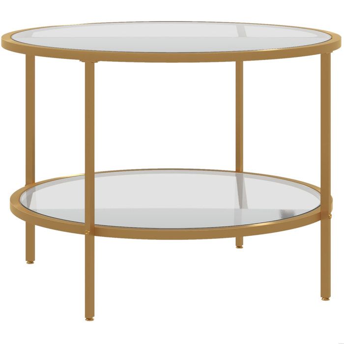 Table basse ronde dorée Ø60 x 43 cm plateau en verre trempé structure en métal 2 niveaux salon et chambre
