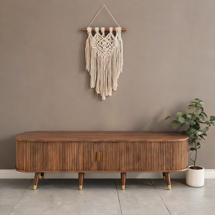 Meuble TV 175 cm MDF classique brown et porte coulissante cannage rotin – style campagne multiples rangements