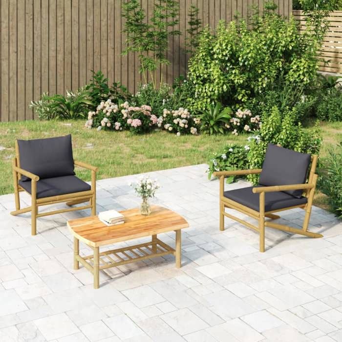 Fauteuils de jardin (par siège):110 kg (lot de 2) avec coussins gris foncé bambou - Petit canapé balcon LL2407