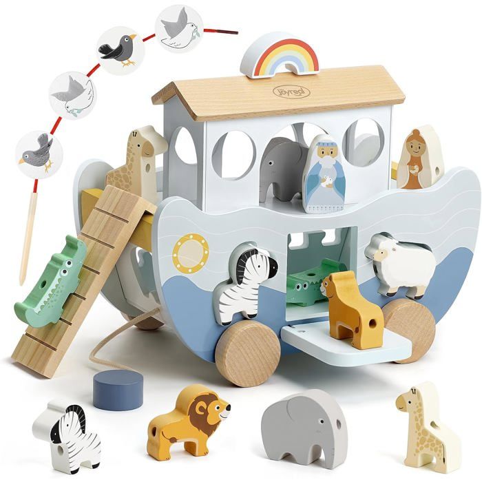 Arche de Noé - Cadeau Baptême Garcon Fille Enfant Jeux Montessori Enfants 1 2 3 Ans Jouet en Bois Bebe avec Animaux de la Ferme