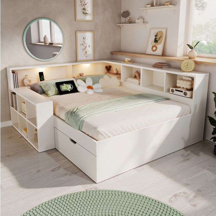 COVREO Lit double 140 x 190 cm avec rangements tiroirs sommier à lattes lampes de lecture et ports USB-C blanc