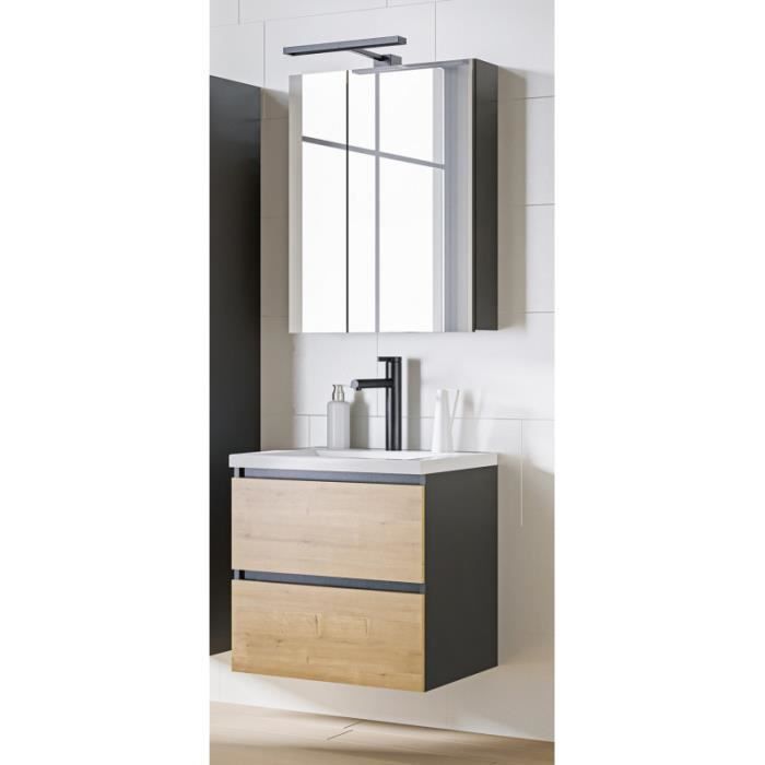 ensembles salle de bain - ensemble meuble vasque + armoire miroir - 60 cm - monako grey oak beige