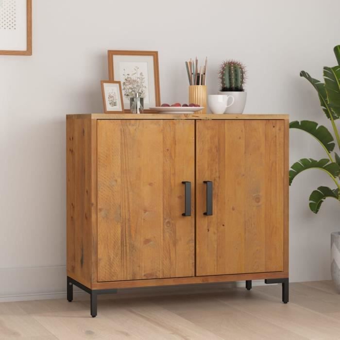 Buffet bas - ALOMEJOR - LeDivil - Bois de pin massif recyclé - Vintage - 2 portes - 75x35x70 cm