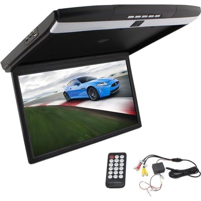Moniteur vid/éo de 17,3 pouces rabattable sur le toit pour voiture 1080P HD TFT LCD overhead ultra-plat MP5 Player avec haut-parleur int/égr/é LED USB SD FM HDMI,Gray