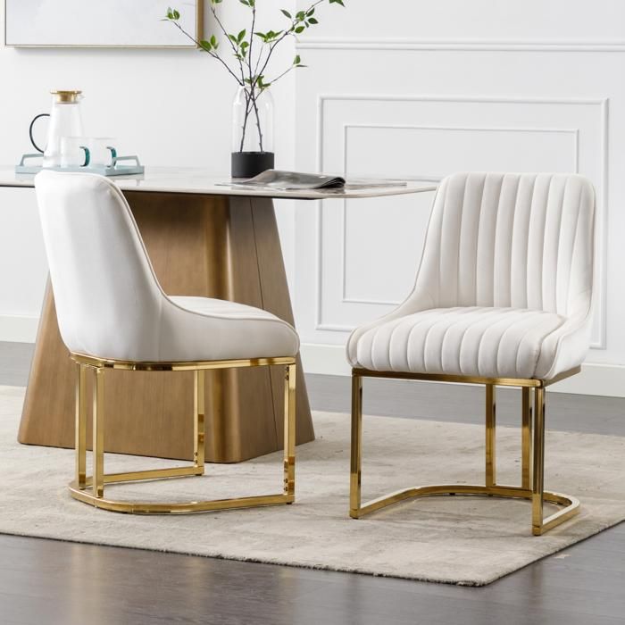 Wahson Chaise Salle à Manger Lot de 2 Chaise de Salle à Manger en Velours Chaise de Cuisine avec Pied Doré et Coussin Épais Blanc