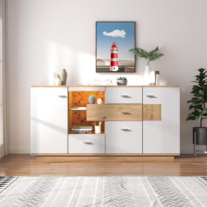 Buffet bas avec éclairage LED2 portes 4 tiroirs étagère en verreArmoire de salon moderne160x40x77cmBlanc