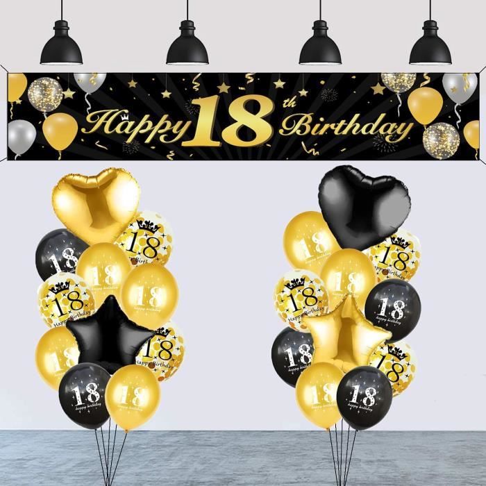Décoration d'anniversaire pour 18 ans - Noir-doré - Avec bannière