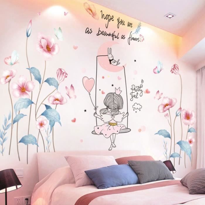 Décoration murale,Stickers muraux pour chambres enfants fille et bébé,style  dessin animé,modèle avec herbe et - girl and flower 1 - Cdiscount Maison