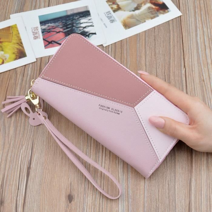 Portefeuille Femme Cuir Rose Multifonction – 5 Poches, Fermeture Éclair, Élégant Et Pratique