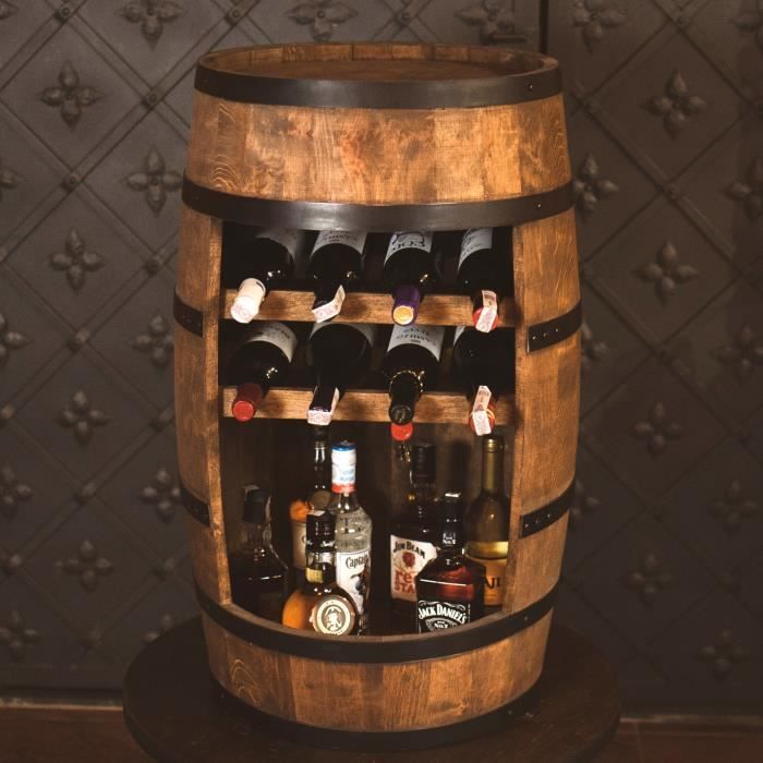 Creative Cooper Minibar Casier à Vin Tonneau En Bois Rangement Bouteille Alcool Étagère à vin Meuble Bar de jardin 80cm Wengé