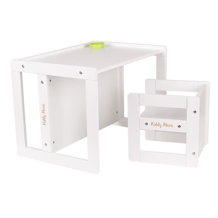 KiddyMoon Table Et Chaise Enfant Bois Réversible - Bureau + Banc Double Natural/Blanc Pour Enfant Dès 2 Ans