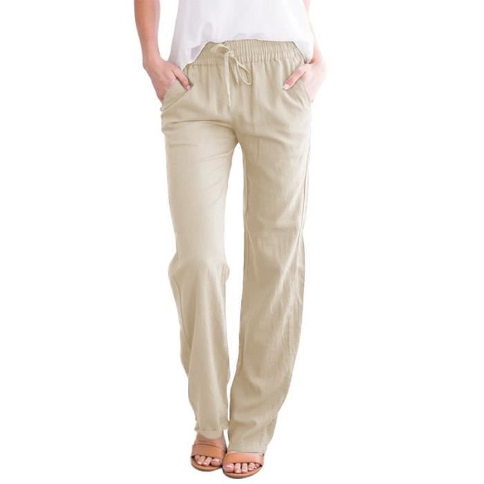 Pantalon Ample Décontracté à jambe Large en coton et Lin de couleur unie pour Femmes Beige