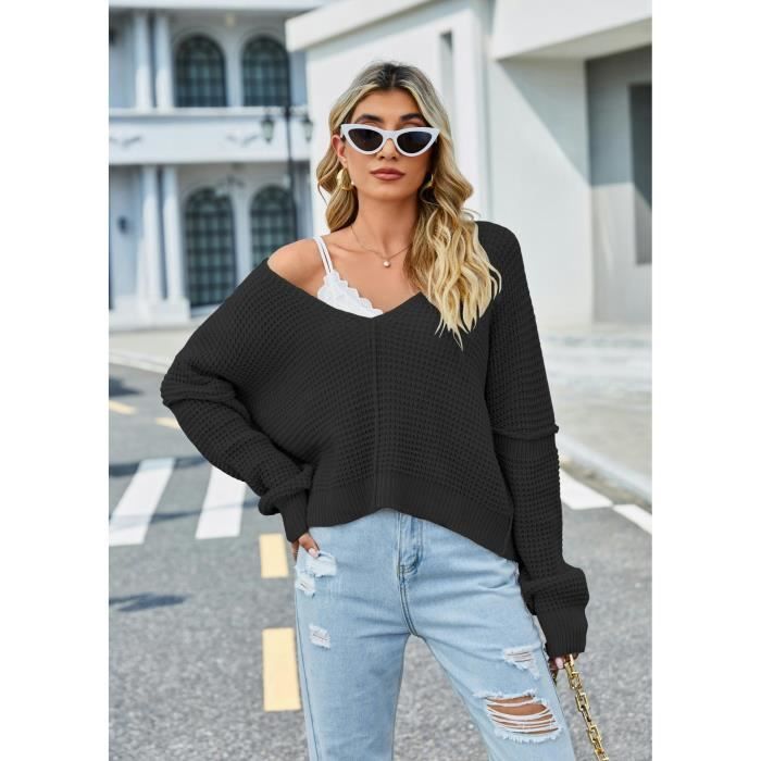 Pull Femme En Tricot Col V Epaules Denudees Mode Pullover Manches Longues Couleur Unie Automne Hiver Noir
