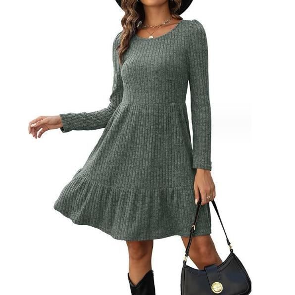 Robe Femme Pois Volants Manches Longues – Col V, Taille Haute, Style A-line Décontracté Pour Automne-hiver - 1