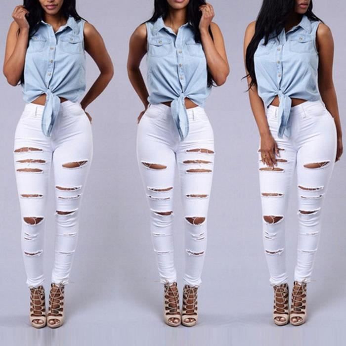 Jean blanc a trou femme discount