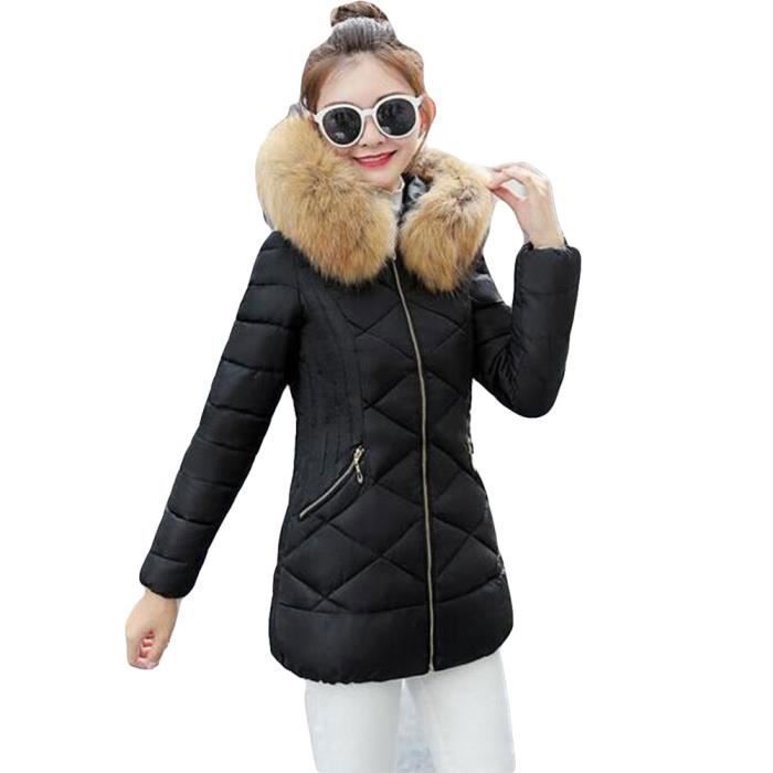 Doudoune à Capuche Veste en Fausse Fourrure Manteau Noir Femmes
