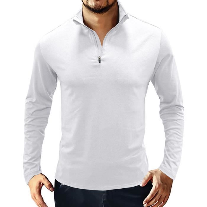 T-Shirt Homme Col à Fermeture Éclair Polo Manches Longues Slim Fit