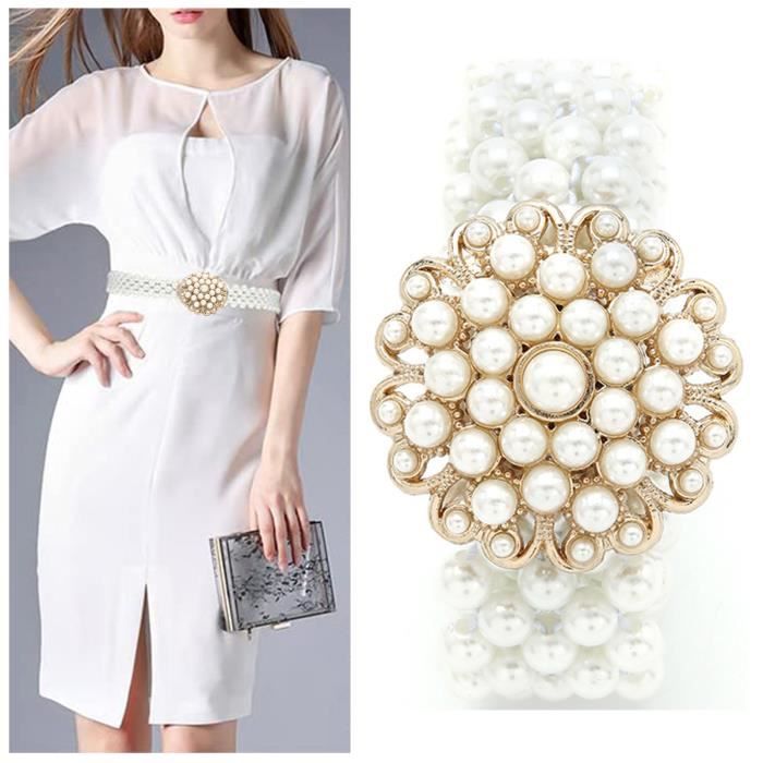 3.2cm de large ceinture perle blanche elastique sans aiguille pour robe de mariée elégant floral perle