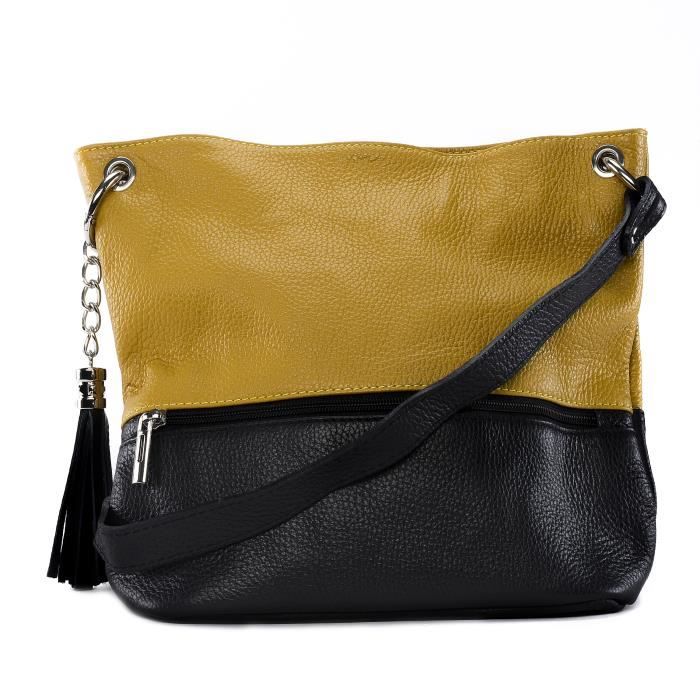 Sac ?� main en cuir noir&jaune Jaune - Cdiscount Bagagerie - Maroquinerie