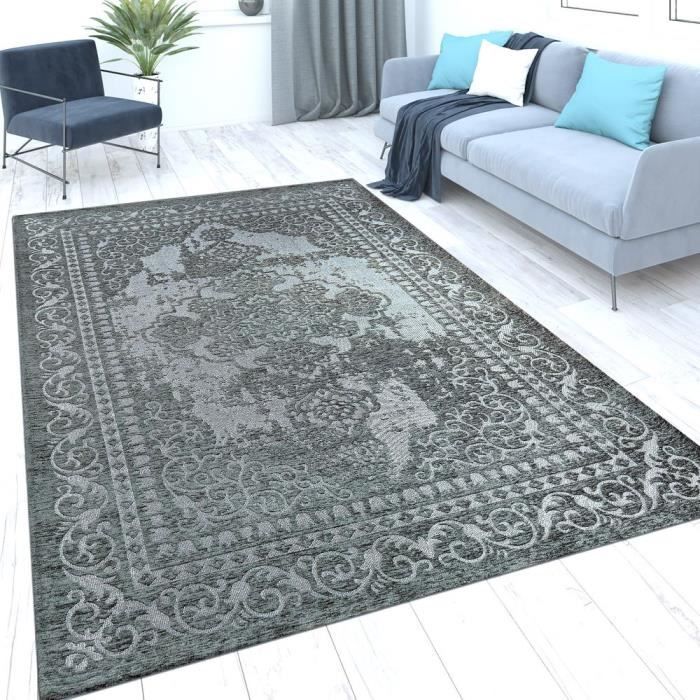 Tapis Poils Ras Orient Salon Moderne Aspect Vintage Gris Anthracite 120x170 Cm