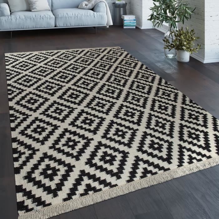 Tapis Tissé Main Tendance Moderne Design Marocain Franges Noir Blanc [60x110 cm]