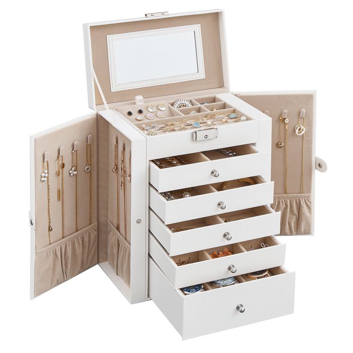 Boîte à Bijoux 6 Niveaux Écrin à Accessoires CoffreMiroir Serrure Rangement Bijoux Surface Blanc Nuage Doublure Beige Sable