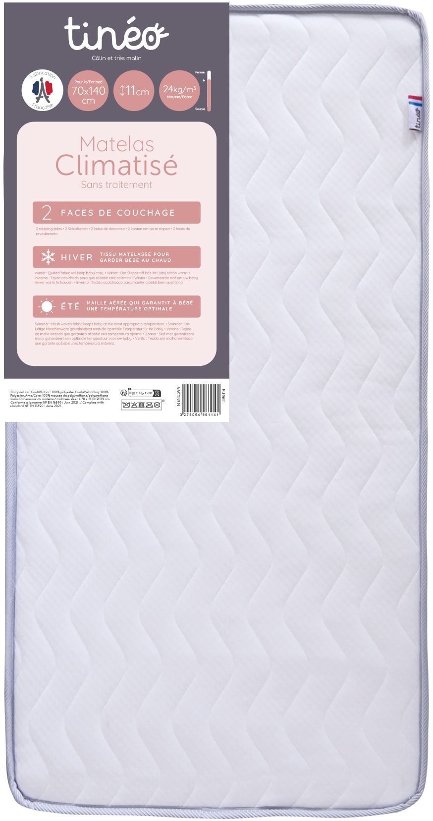 Matelas b&eacute;b&eacute; climatis&eacute; compress&eacute; - 70 x 140 cm - Epaisseur 11 cm -
