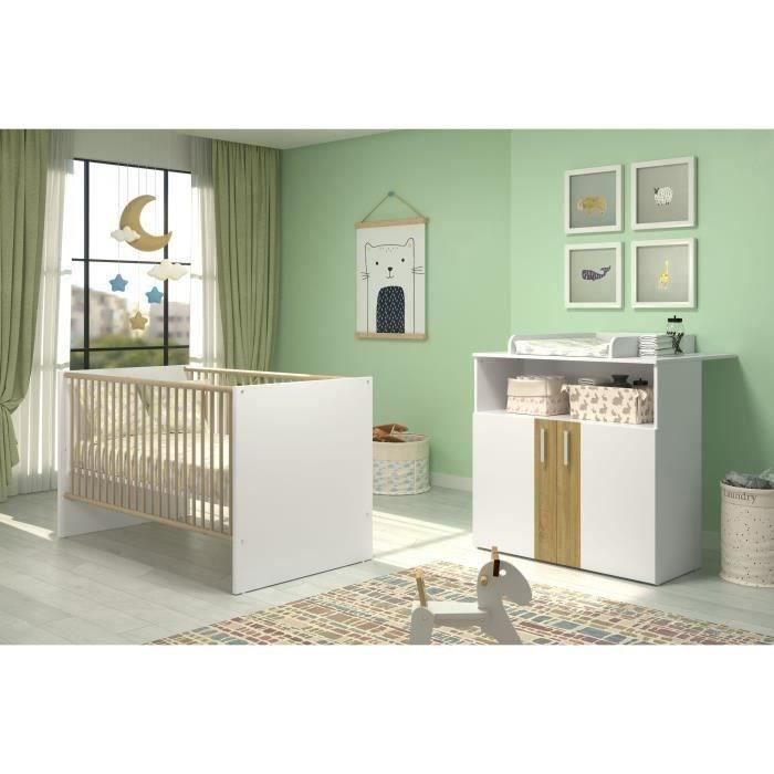 Chambre bébé Duo : Lit 70 x 140 cm + Commode à langer BERRY - Blanc et chêne - TREND TEAM