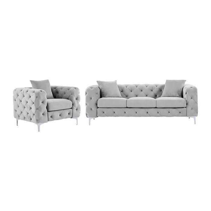 Canapé 3 places et fauteuil en velours gris clair EDWINA