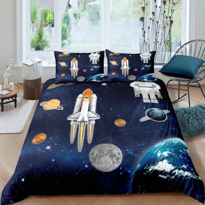 Parure De Lit Espace 200x200 Cm - Motif Planètes, Fusées, étoiles - Pour Enfants Et Ados - Bleu Et Blanc
