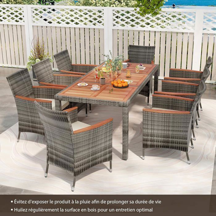 Salon Jardin 7 Pièces COSTWAY - Table Acacia & Chaises Empilables Rotin PE - Gris Avec Coussins