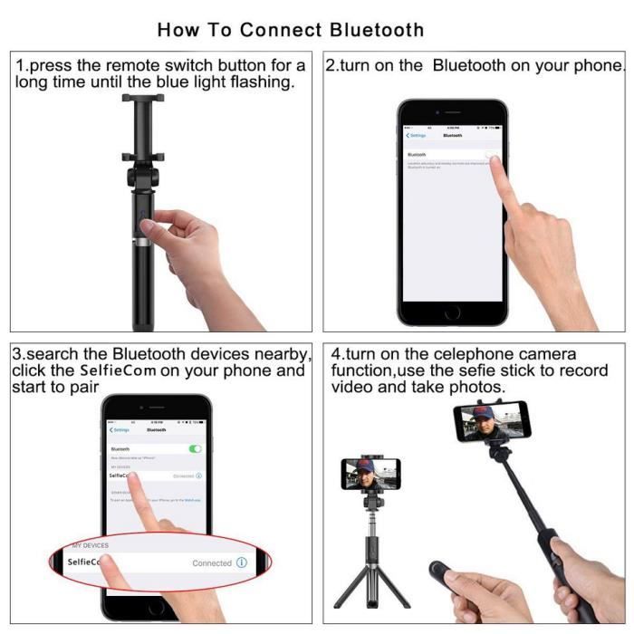 2 en 1 Perche Selfie Trépied Bluetooth avec Télécommande pour