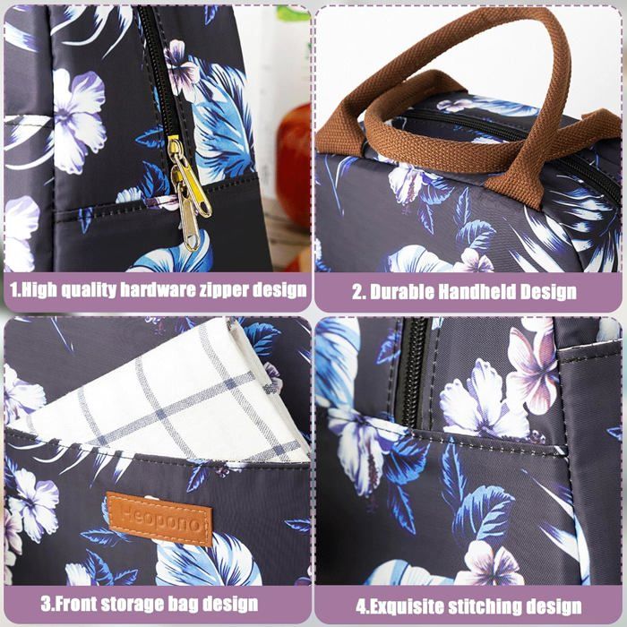 Sac Isotherme Repas - Grande Capacité 25,5x22,5x13 Cm - Imperméable Et Lavable - Idéal Bureau, école, Pique-nique - Marguerite Noire