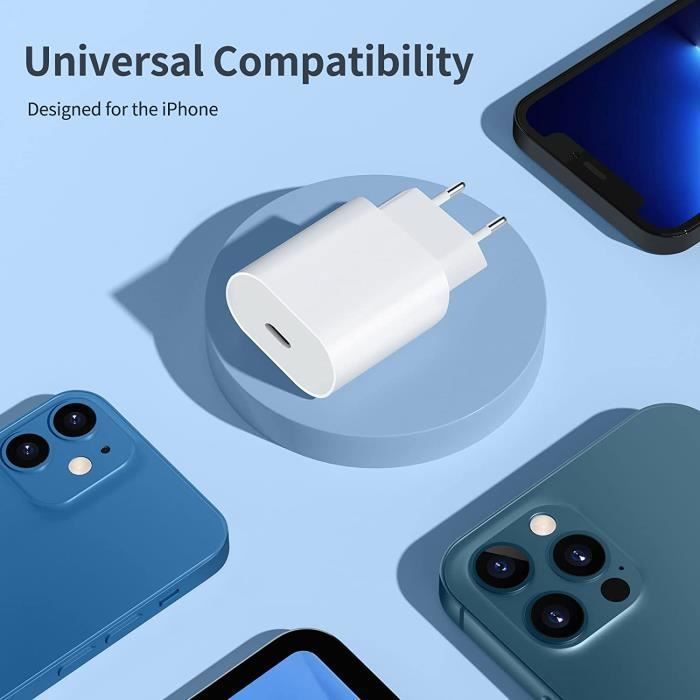 Chargeur Rapide 20W Pour IPhone 14/13/12/11 Etc. - Prise Secteur USB-C PD3.0 Avec Câble Lightning 2m, Violet - 4