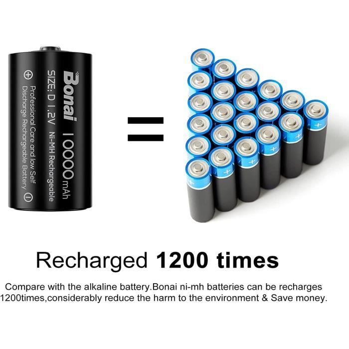 Piles Rechargeables D LR20 10000mAh Ni-MH 1.2V Accu,Type D Baby D LR20  Batterie Rechargeable 1200 Cycles,Faible Auto-décharge[~281]