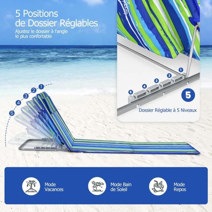 Outsunny - Lot De 2 Tapis De Plage Pliants Matelas De Plage Avec Dossier Reglable 5 Positions Appui Tete Reglable Tissu Oxford Sac De Transport Inclus Dim 124l X 53l X 35 45h Cm