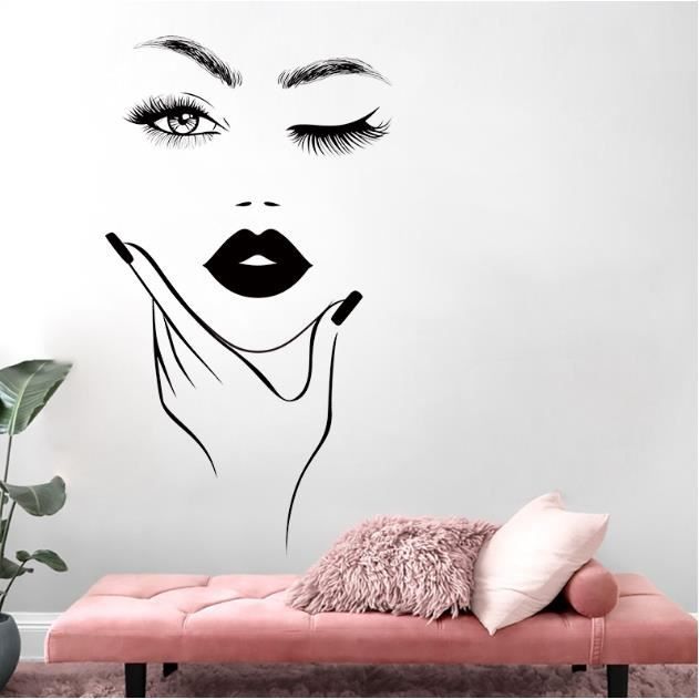 Surenhap Stickers Muraux Belle Femme Visage Lèvres Rouges - Décoration Murale Salon Chambre Élégante