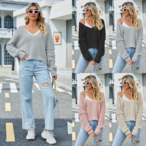Pull Femme En Tricot Col V Epaules Denudees Mode Pullover Manches Longues Couleur Unie Automne Hiver Noir Noir Cdiscount Pret a Porter