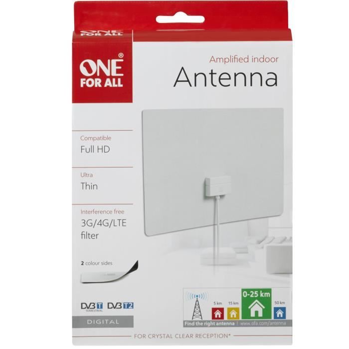 One For All Antenne Intérieure Amplifiée 3G/4G/5G Bloque Signaux - Réception TV Ultra 4K HD SV9482-5G