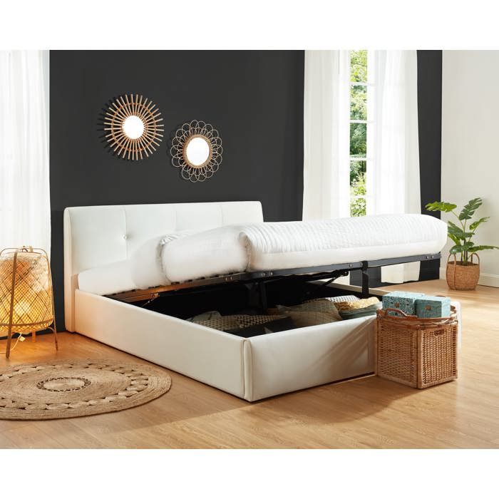 Lit BAÏTA IMAGINA Avec Tiroirs - 160x200cm, Simili Blanc & Noir, Sommier Inclus, 2 Tiroirs De Rangement